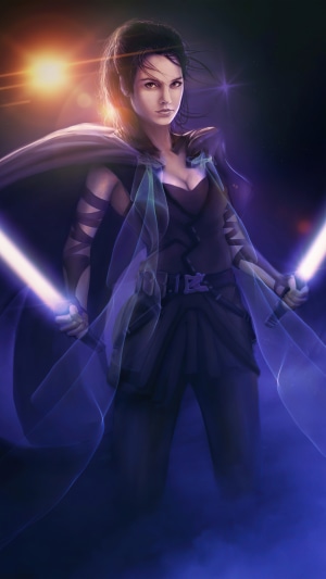 Rey from Star Wars with two lightsabers