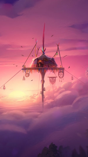 Fantasy treehouse on a pole above clouds at sunset