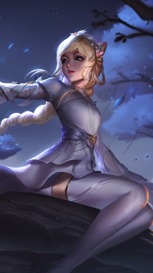 Artwork of a blonde woman in a white dress