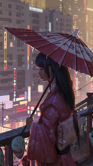 Anime girl with umbrella in rainy city