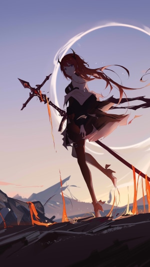 Anime girl with red hair and a spear