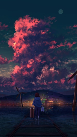 Anime girl with suitcase on train tracks at sunset