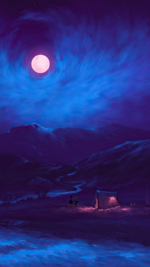 Digital art of a couple camping under a large moon