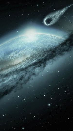 Digital universe artwork with planet and comet