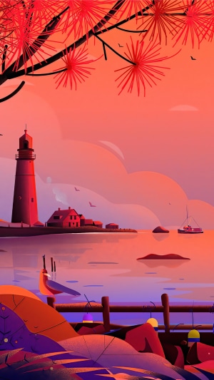 Digital art of a lighthouse and coastal town at sunset