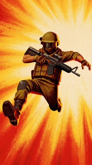 Soldier in tactical gear jumping with rifle