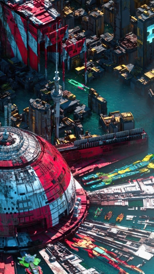 Futuristic Cityscape with Waterways and Ships