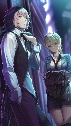 Anime characters in a city alley at night