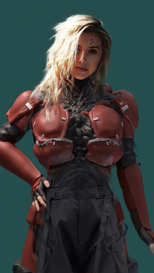 Woman in red and black sci-fi armor