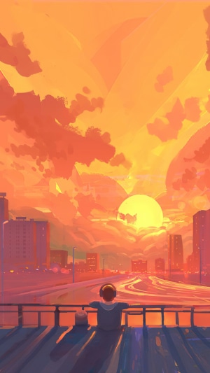 Artwork of a person watching a sunset over a city