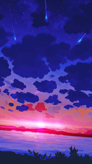 Digital art of a sunset with shooting stars