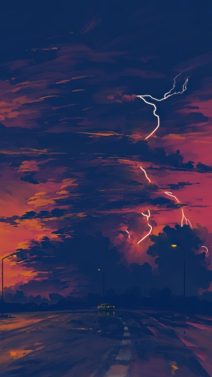 Lightning strikes over a road at night