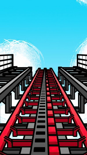 Roller coaster tracks ascending into a blue sky
