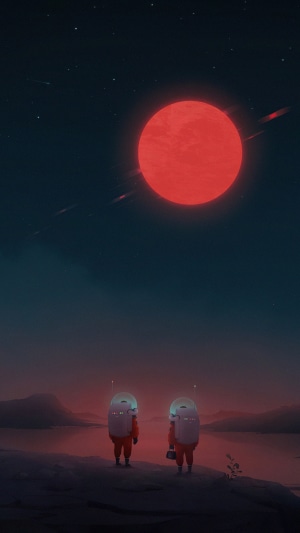Two astronauts stand on a rocky shore under a large red sun