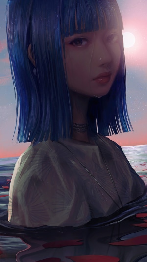 Artwork of a woman with blue hair