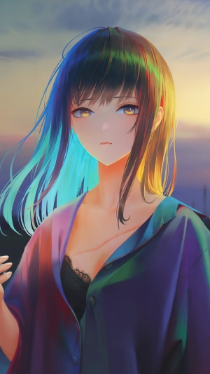 Anime girl with colorful hair and open shirt