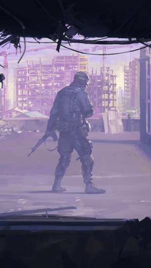 Soldier with rifle in ruined city