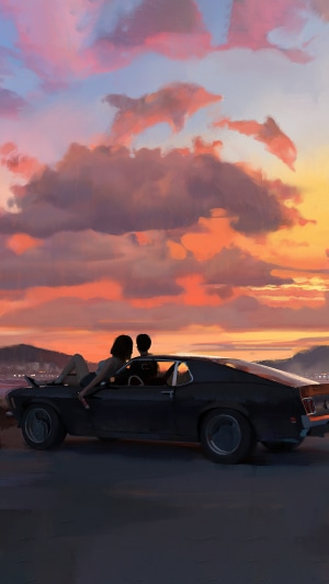 Couple in car watching sunset with dolphin clouds