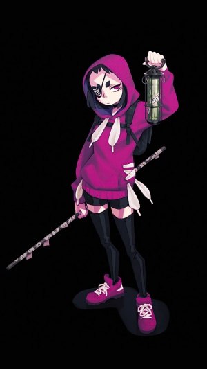 Girl with eyepatch holding lantern and staff