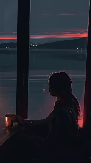 Girl with coffee looking out window at sunset