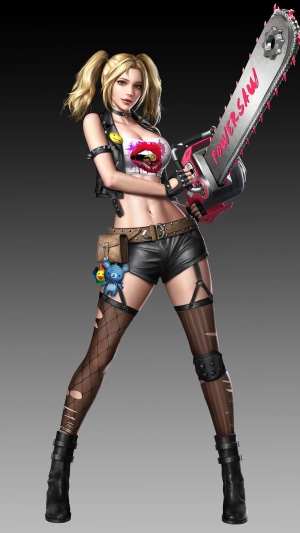 Girl with pigtails holding a chainsaw