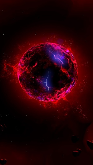 Digital art of a dark planet with red nebula and lightning