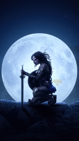 Wonder Woman kneeling with sword and shield in front of moon