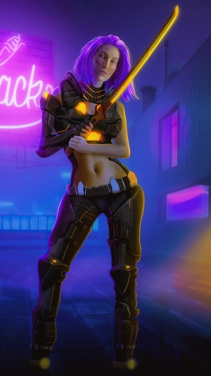 Sci-fi woman with purple hair and sword