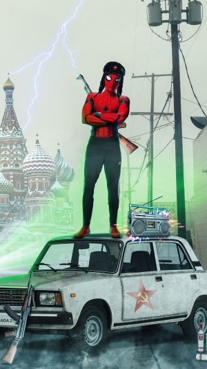 Spider-Man in Russian-themed attire with weapons