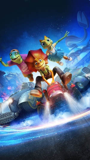 Three cartoon lizards flying on a rocket-powered vehicle