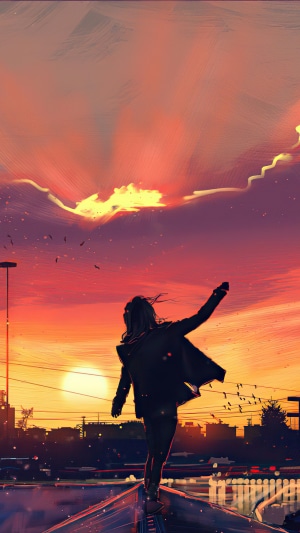 Person standing on a rooftop at sunset