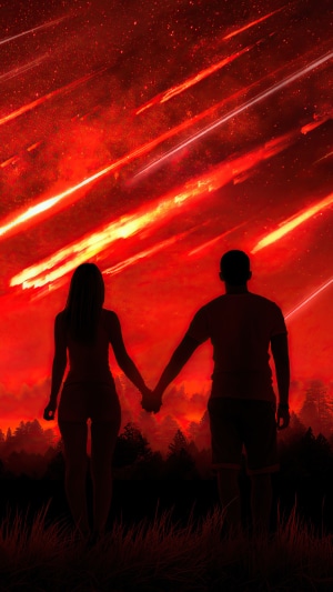 Couple holding hands watching meteor shower