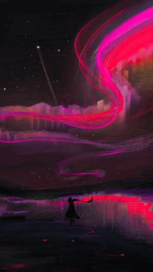 Digital art of aurora over a city with a person