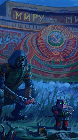 Man in gas mask with robot near Soviet mural