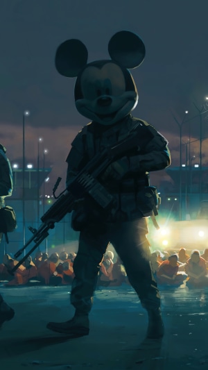 Mickey Mouse soldier with gun and prisoners