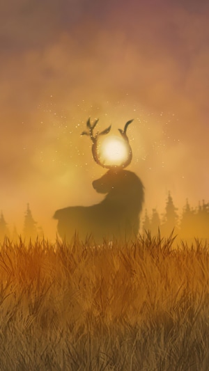 Deer with glowing antlers in a field