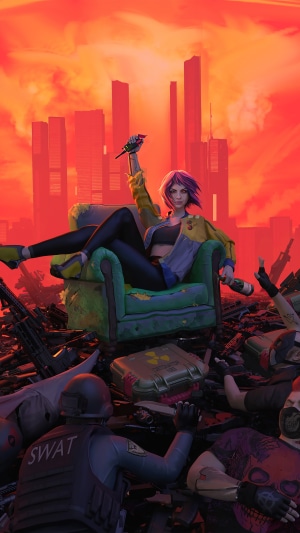 Woman with purple hair sitting on a chair surrounded by weapons