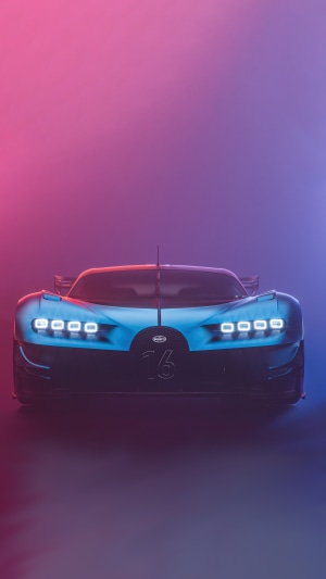 Bugatti Chiron sports car with blue and pink lighting