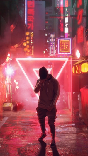 Cyberpunk alley with neon lights and a person