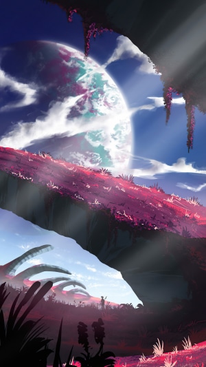Alien planet landscape with large moon and figure