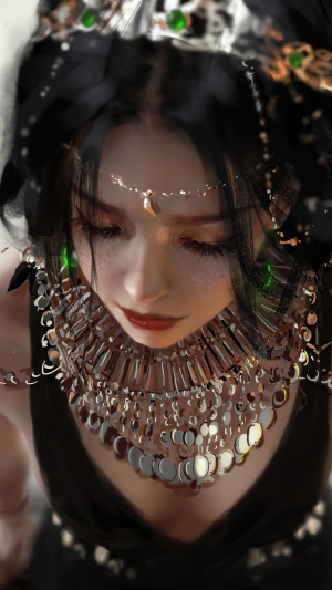 Artwork of a queen in a black dress with ornate jewelry