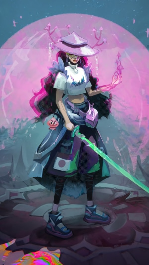 Cyberpunk warrior with a katana and a pink hat