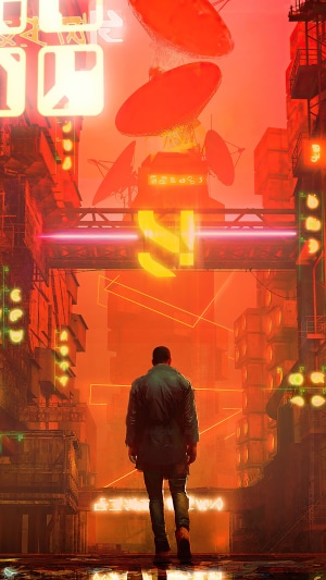 Man walking through a futuristic city with satellite dishes