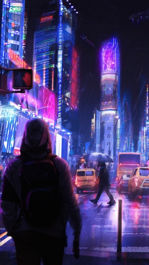 Neon City Street at Night with Pedestrians and Cars