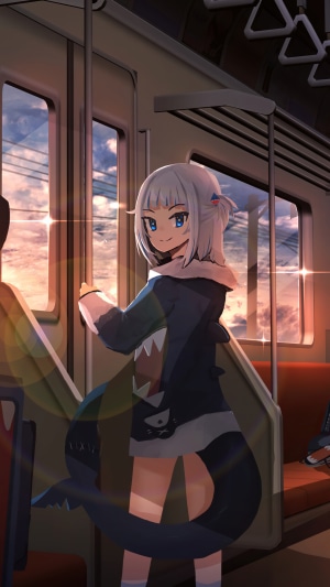 Gawr Gura on a Train at Sunset