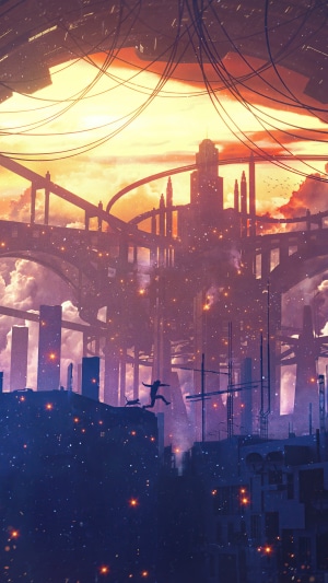 Digital Art of a Futuristic Cityscape at Sunset