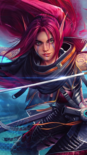 Elf warrior with pink hair and swords