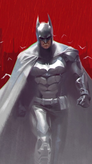 Batman in a white and grey suit with a red background