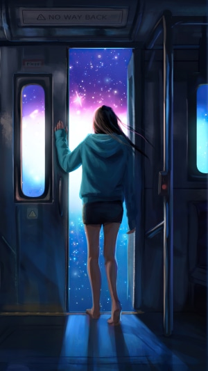 Girl in a train looking at a starry sky