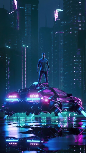 Man standing on a futuristic car in a neon city